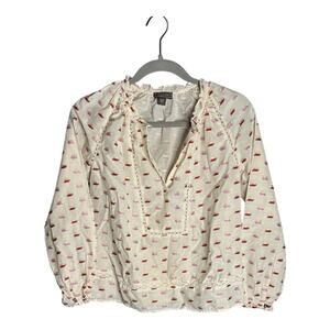 Point Sur White Pink Blouse Gold Metallic Detail V Neck XXS